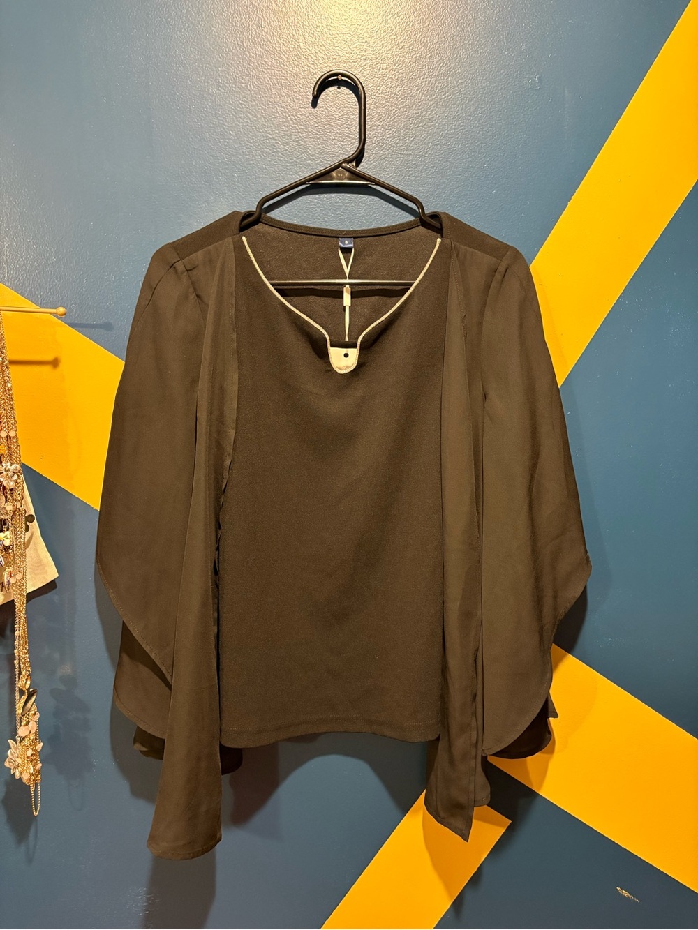 Amazon Black Bell Sleeve Rhinestone Trim Blouse NWT